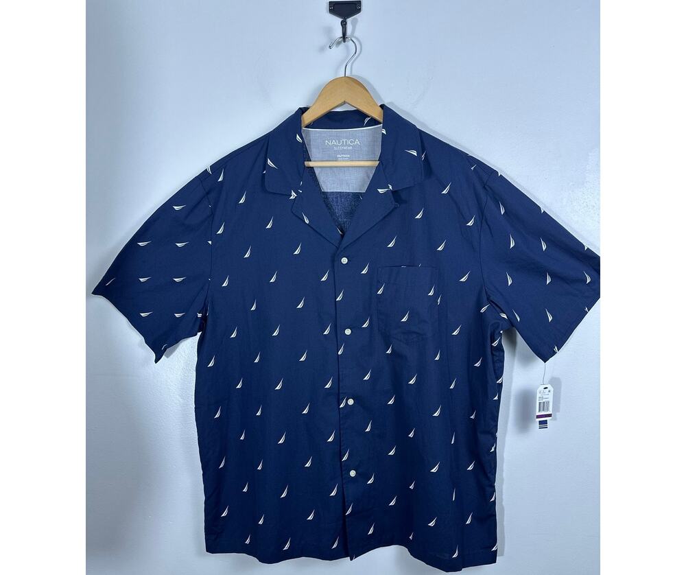 Nautica Mens Blue Sailboat Pajama Shirt Short Sleeve Button Down Sleepwear XXL